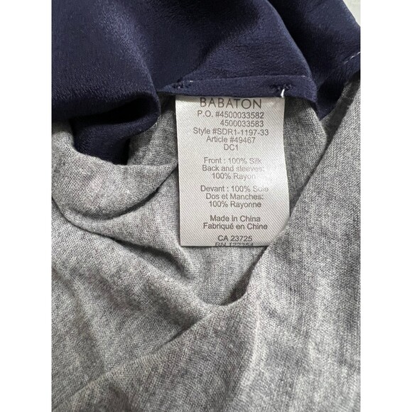 Aritzia Babaton Navy Silk Grey Colorblock long sleeve key hole button Blouse XXS - Picture 6 of 9